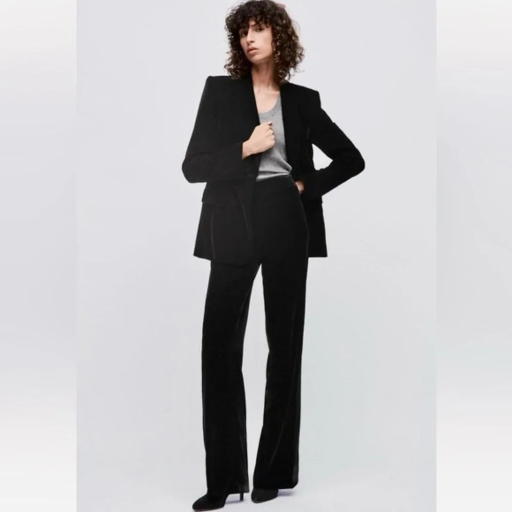 Zara NWT velvet velour black wide leg trouser pants side zip closure